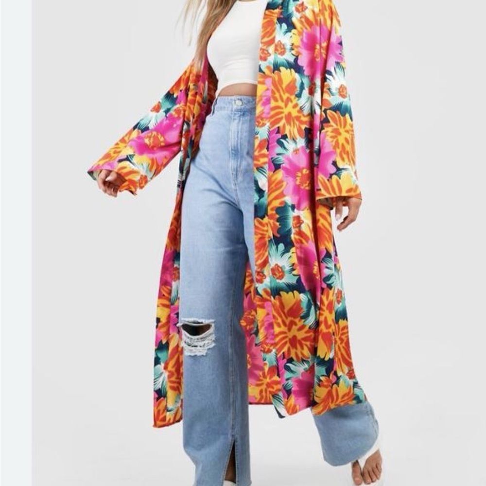 Boohoo pink, yellow Floral Maxi lightweight Kimono Bell Sleeves in women’s Sz 14